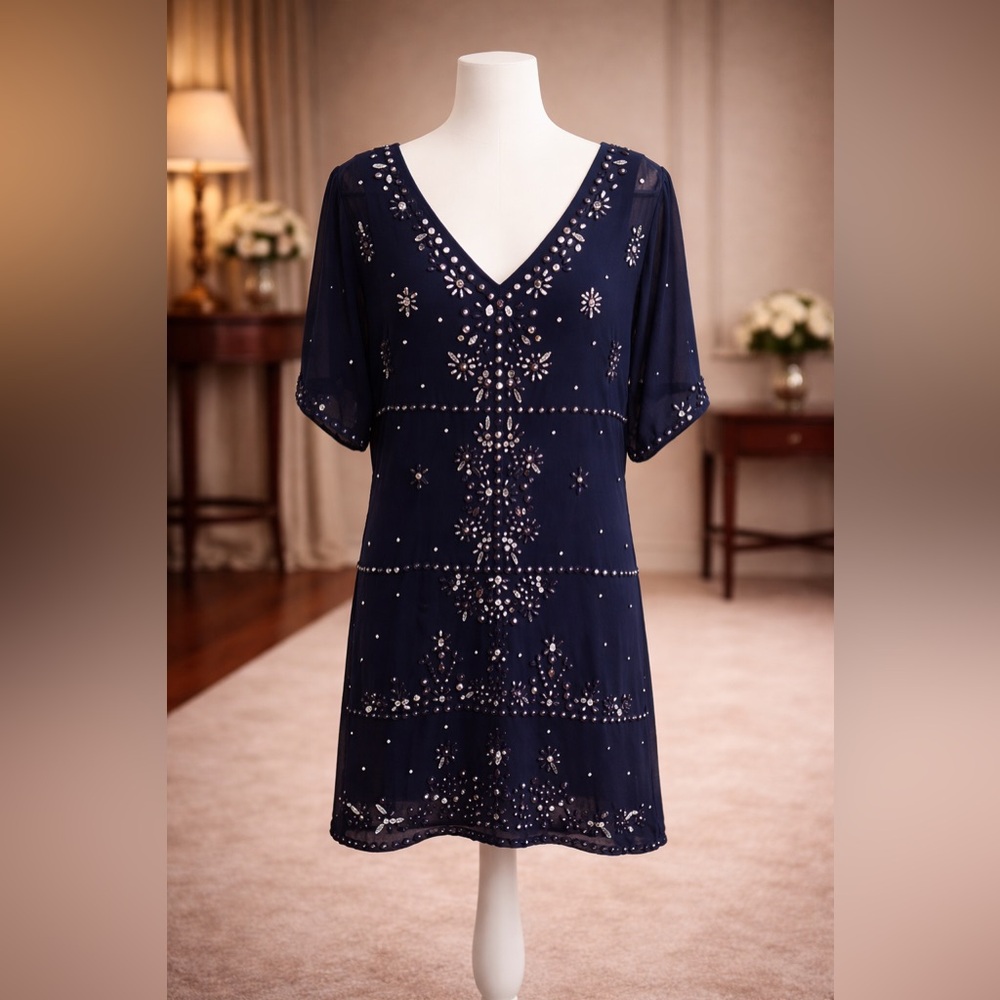 Navy Embellished V-Neck Beaded Dress